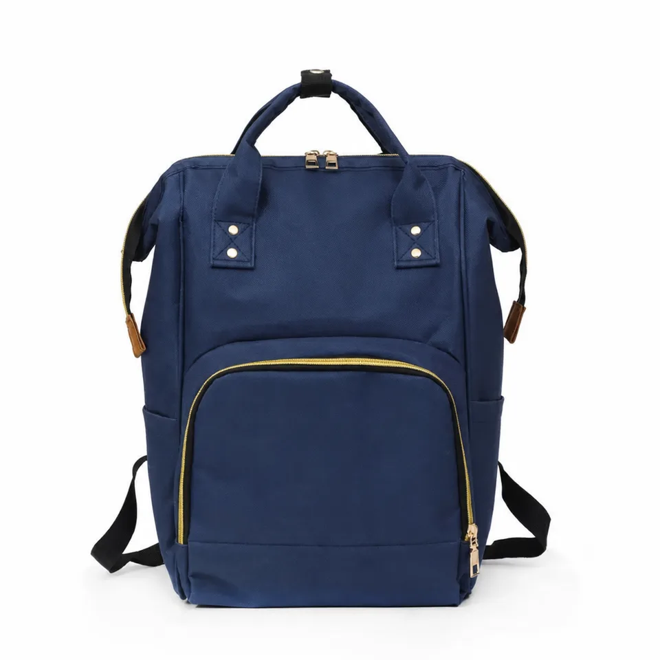 Navy wide-mouth diaper backpack with gold zippers, top handles and front pocket