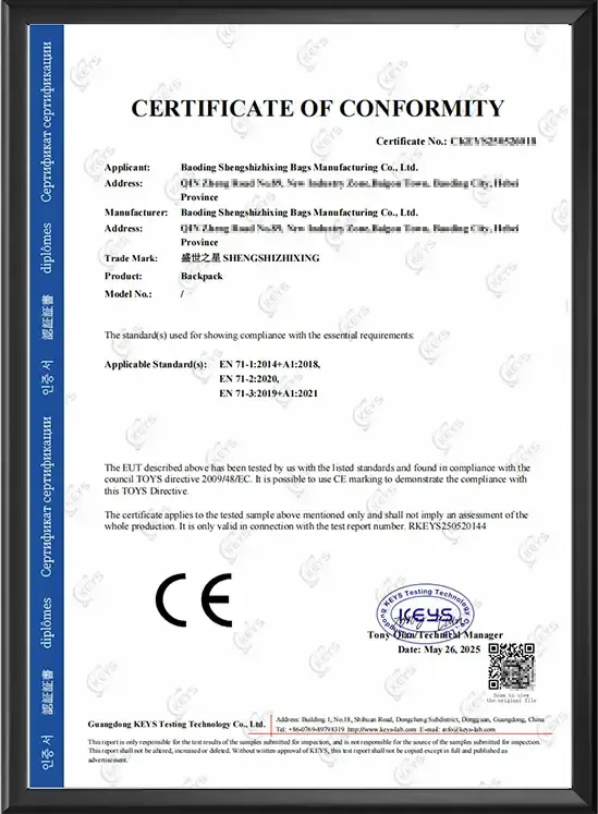 CE conformity certificate - Senszx bags